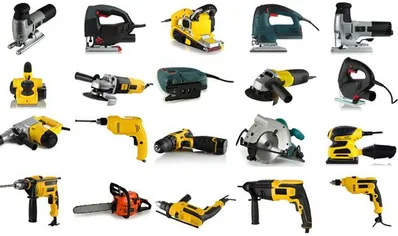 Surtido de herramientas eléctricas: taladros, esmeriles, sierras y caladoras